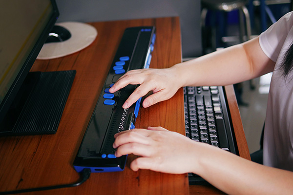 Person using a desktop computer and braille display.