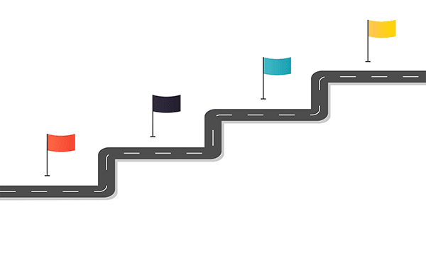 A stairstep road with four flags on each step; from left: red flag, black flag, blue flag, yellow flag