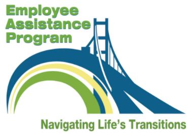 Employee Assistance Program, Navigating Life’s Transitions; blue, green, and yellow logo of a bridge