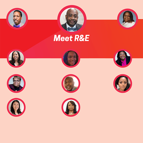 Circular headshots of R&E staff on orange, red, and pink background