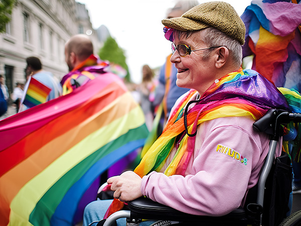 Image of a pride parade participant with a rainbow-colored scarf surrounded by pride flags. 