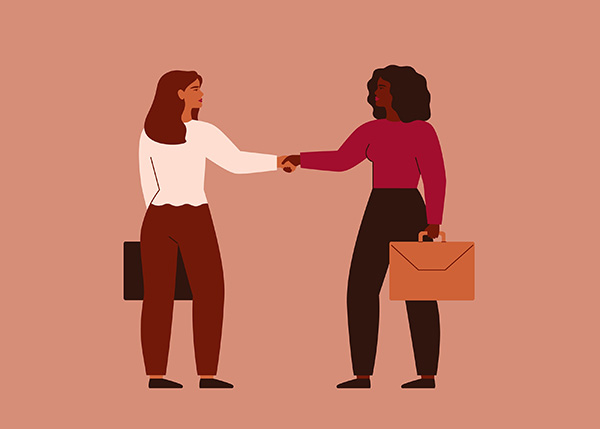 Illustration of two women shaking hands.