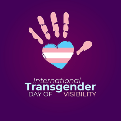 International Transgender Day of Visibility illustration of a hand made up of a heart shaped Trans flag as the palm and pink fingers on a purple background.