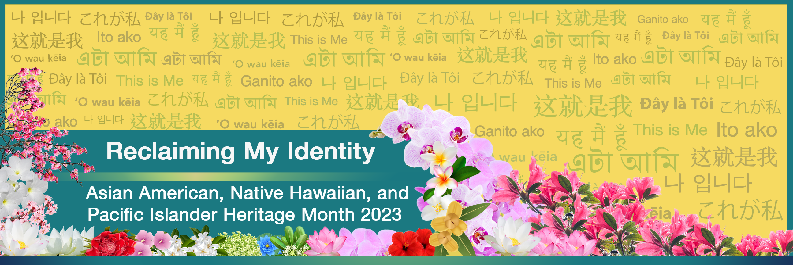 A graphic of the 2023 Asian American, Native Hawaiian, and Pacific Islander (AA and NHPI) Heritage Month campaign banner that shows the phrase This is Me, translated in Korean, Hindi, Bengali, Tagalog, Japanese, Chinese, Vietnamese, and Native Hawaiian with the national flowers of over 20 Asian and Pacific Island countries.