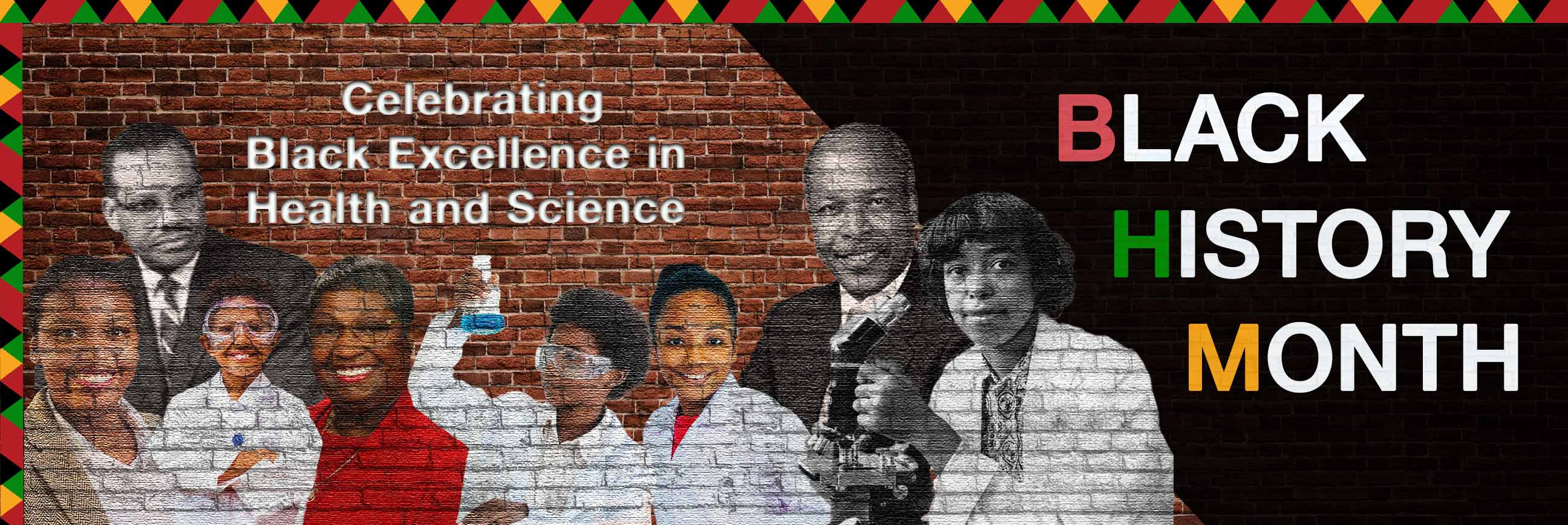 Artwork featuring portraits of innovators in the field of health and science on a brick wall with the words, Celebrating Black Excellence in Health and Science etched into the wall.