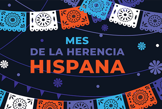 Hispanic heritage month vector web banner, poster, card for social media, networks. Greeting in Spanish Mes de la herencia hispana text, Papel Picado pattern, perforated paper on black background.