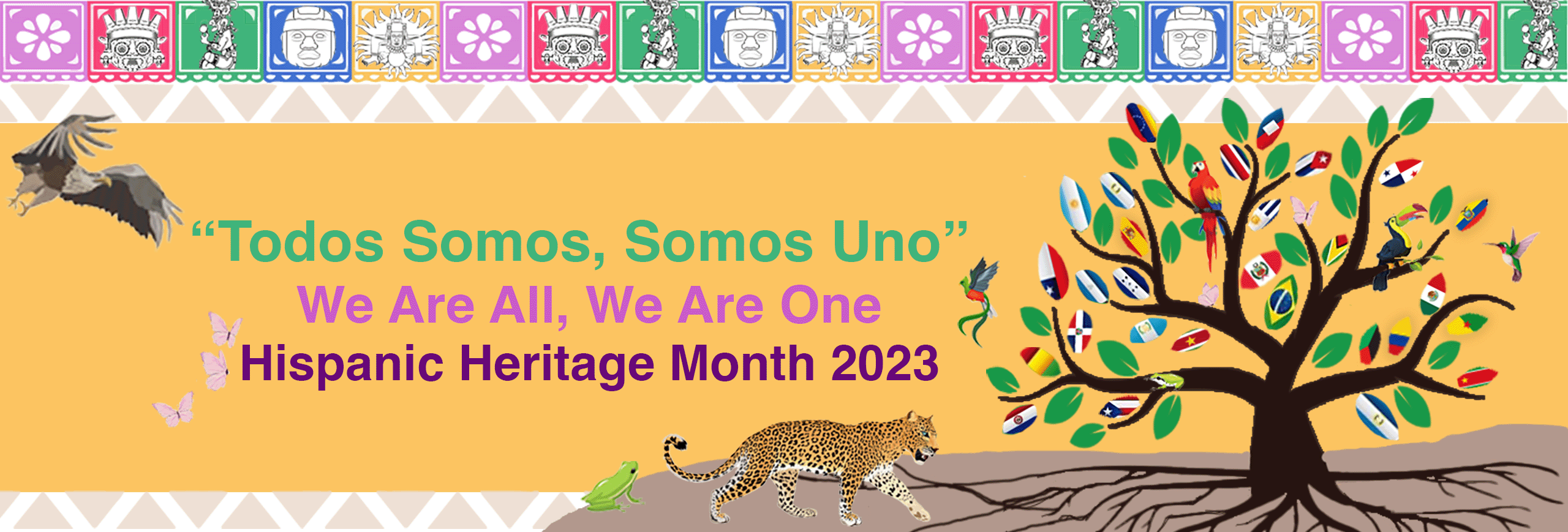 The 2023 Hispanic Heritage Month collage- featuring symbols, animals, and flags from 28 countries linked to the Hispanic/Latin American diaspora displayed as leaves on a tree to honor the diverse roots of the Hispanic/Latino community.