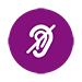 White struck-out ear icon on purple circle