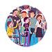 Multicolored crowd of illustrated people on blue circle