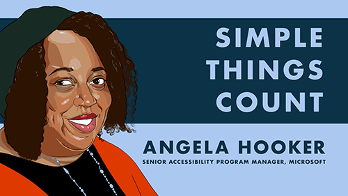 Graphic illustration closeup of smiling Angela Hooker on blue background