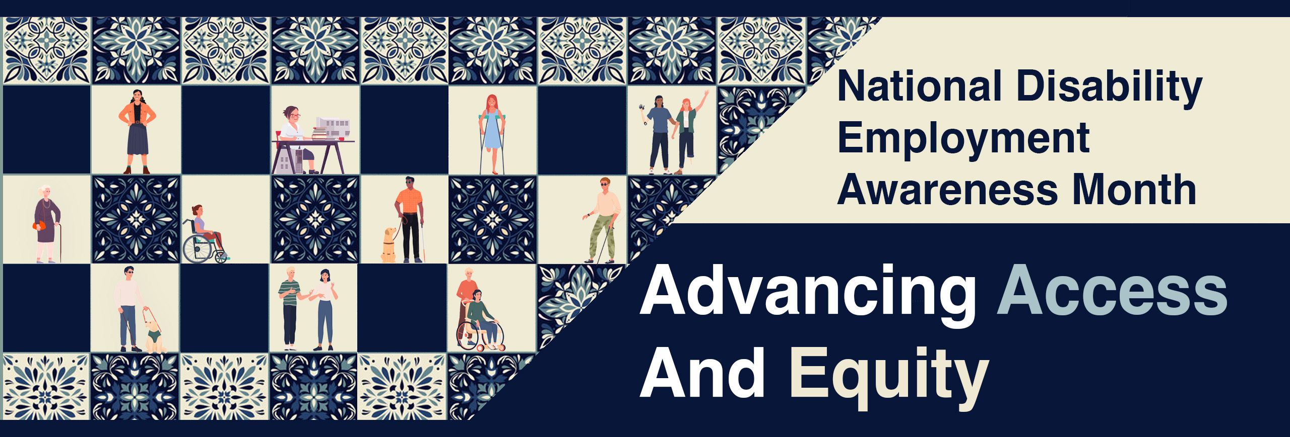 The 2023 National Disability Awareness month artwork displays individuals with varying abilities within a blue and beige patchwork design, to pay homage to the work of deaf quilter, Theresa Matteson Coughlan.
