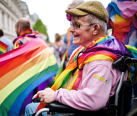 Image of a pride parade participant with a rainbow-colored scarf surrounded by pride flags.