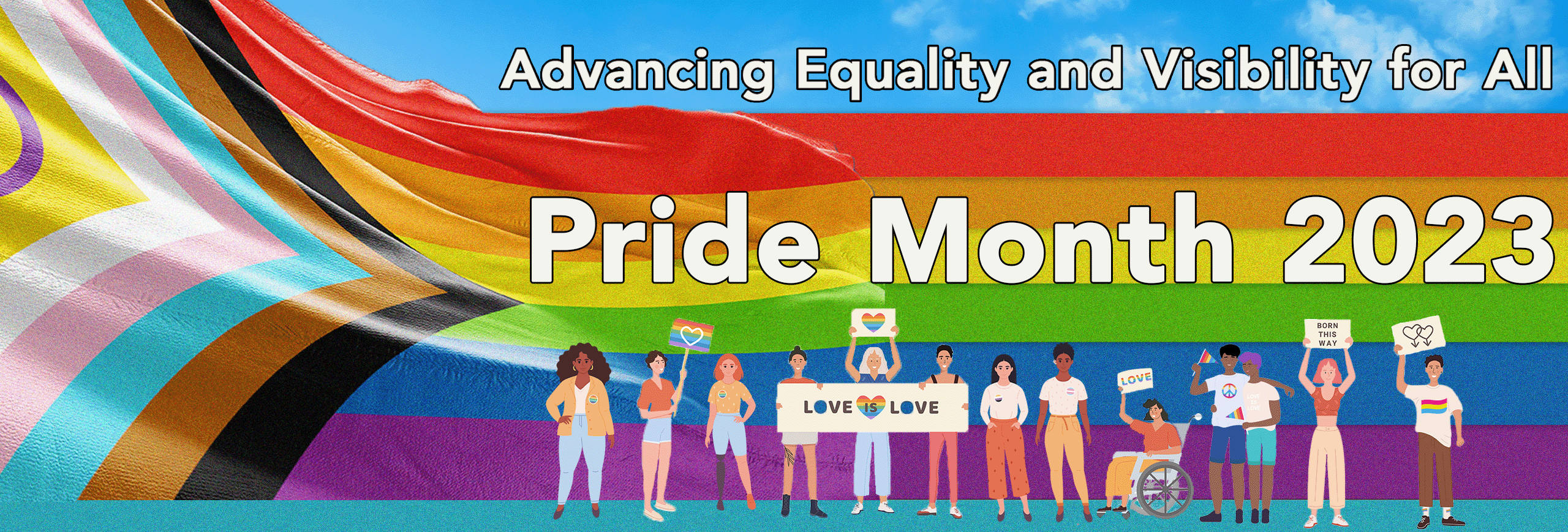 Hero Image: A graphic of the Pride Month 2023 campaign with the Intersex-Inclusive Progress flag and vector images of diverse individuals holding signs and flags.