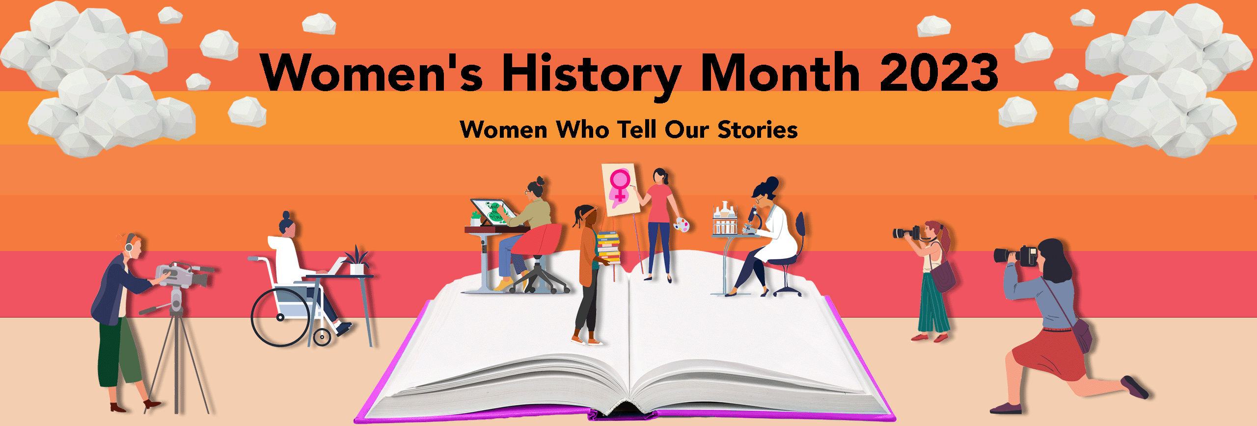 Women’s History Month collage of a pop-up book with small vector images of women creating art, writing stories, capturing photos, researching, recording, and carrying books.