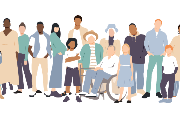 Illustration depicting a diverse group of individuals, including people with disabilities.