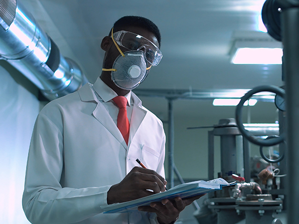 A young black scientist in the lab wearing PPE
