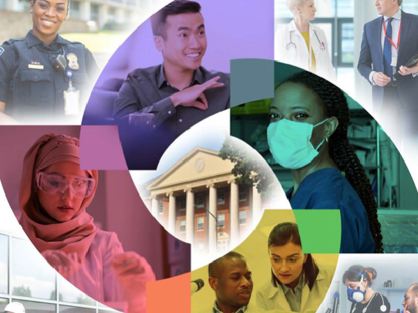 NIH staff from a diverse selection of races, ethnicities, genders, and careers within a geometric, graphic page design.