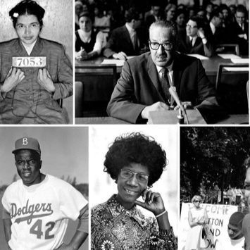 Collage of Rosa Parks, Thurgood Marshall, Shirley Chisholm, and Jackie Robinson.