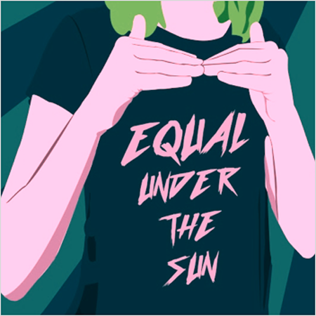 Woman wearing a t-shirt that says equal under the sun