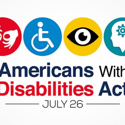 The Americans with Disabilities Act (ADA) is observed every year on July 26, ADA is a civil rights law that prohibits discrimination based on disability. Vector illustration of sign language interpretation, wheelchair accessible sign, visual disability lo
