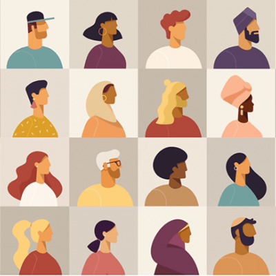 Illustrated collage of diverse profile portraits.