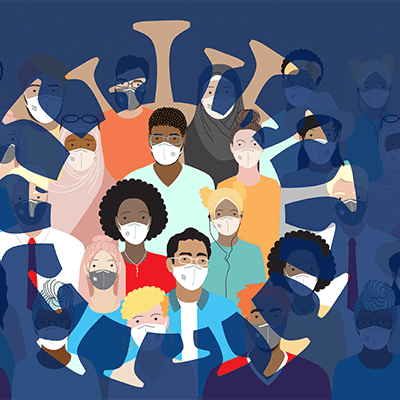 Illustration of a corona virus shape outline over the faces of many diverse people wearing masks with blue background