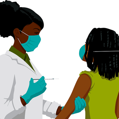 Illustration of Black woman nurse distributing vaccine to another Black woman