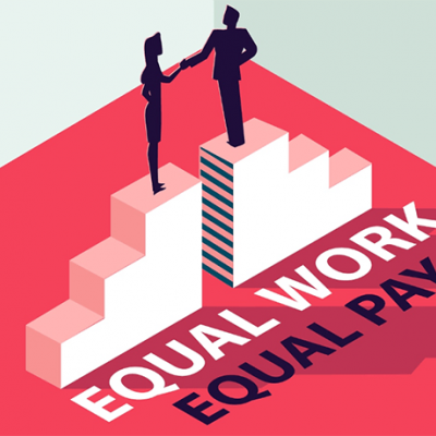 Illustration of man and woman on staircase shaking hands. Equal work, equal pay.