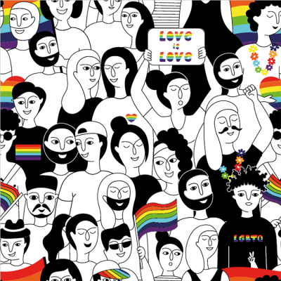 Illustration of a diverse crowd of people holding rainbow Pride flags.