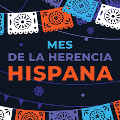 Hispanic heritage month vector web banner, poster, card for social media, networks. Greeting in Spanish Mes de la herencia hispana text, Papel Picado pattern, perforated paper on black background.