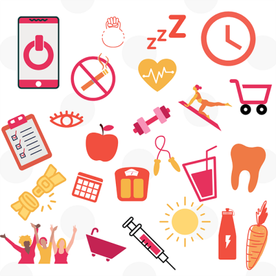 Collage of health related icons such as no smoking sign, a jump rope, a syringe, and an apple.
