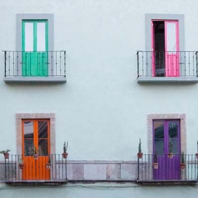 Colorful doors on a white building