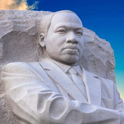 Martin Luther King Jr Memorial, portrait of the civil rights leader carved in granite, dedicated by President Barack Obama in 2011.