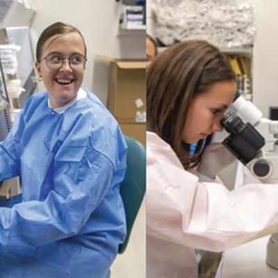 NIH Postbaccalaureate fellow Alina Kenina looking into a microscope in a lab while wearing a blue lab coat. NIH Predoctoral fellow Megan Majocha working with a microscope in a lab while wearing a white lab coat.